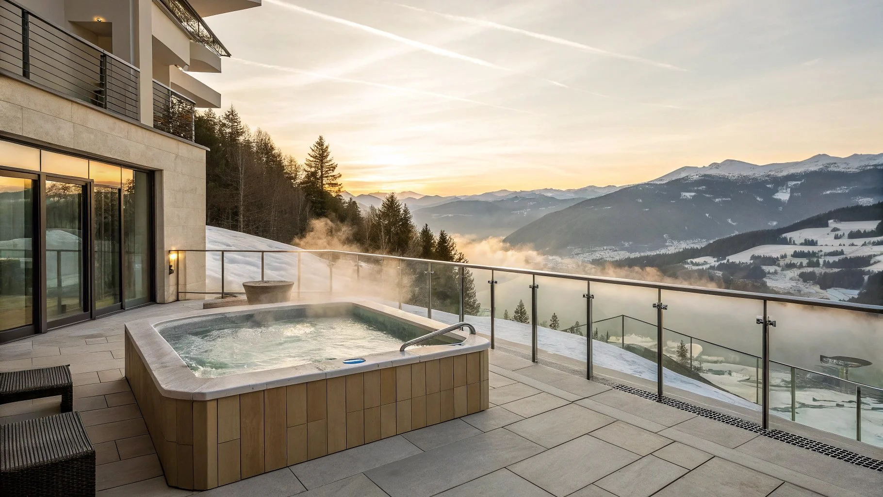A modern outdoor balcony with a hot tub overlooking snow-covered mountains and a valley at sunset.