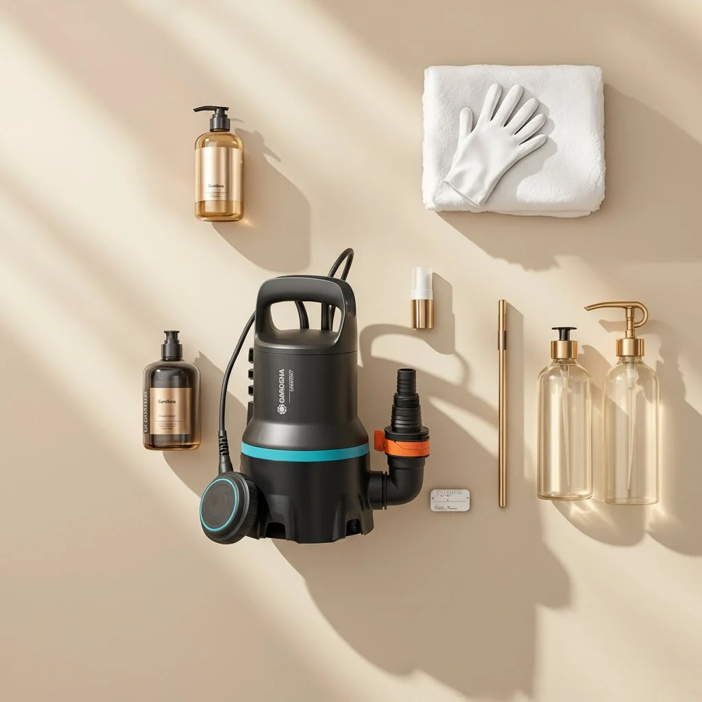 Cleaning supplies and tools arranged on a beige wall, including a black pressure washer, soap dispensers, a white towel with a glove, a gold spray bottle, and cleaning accessories.