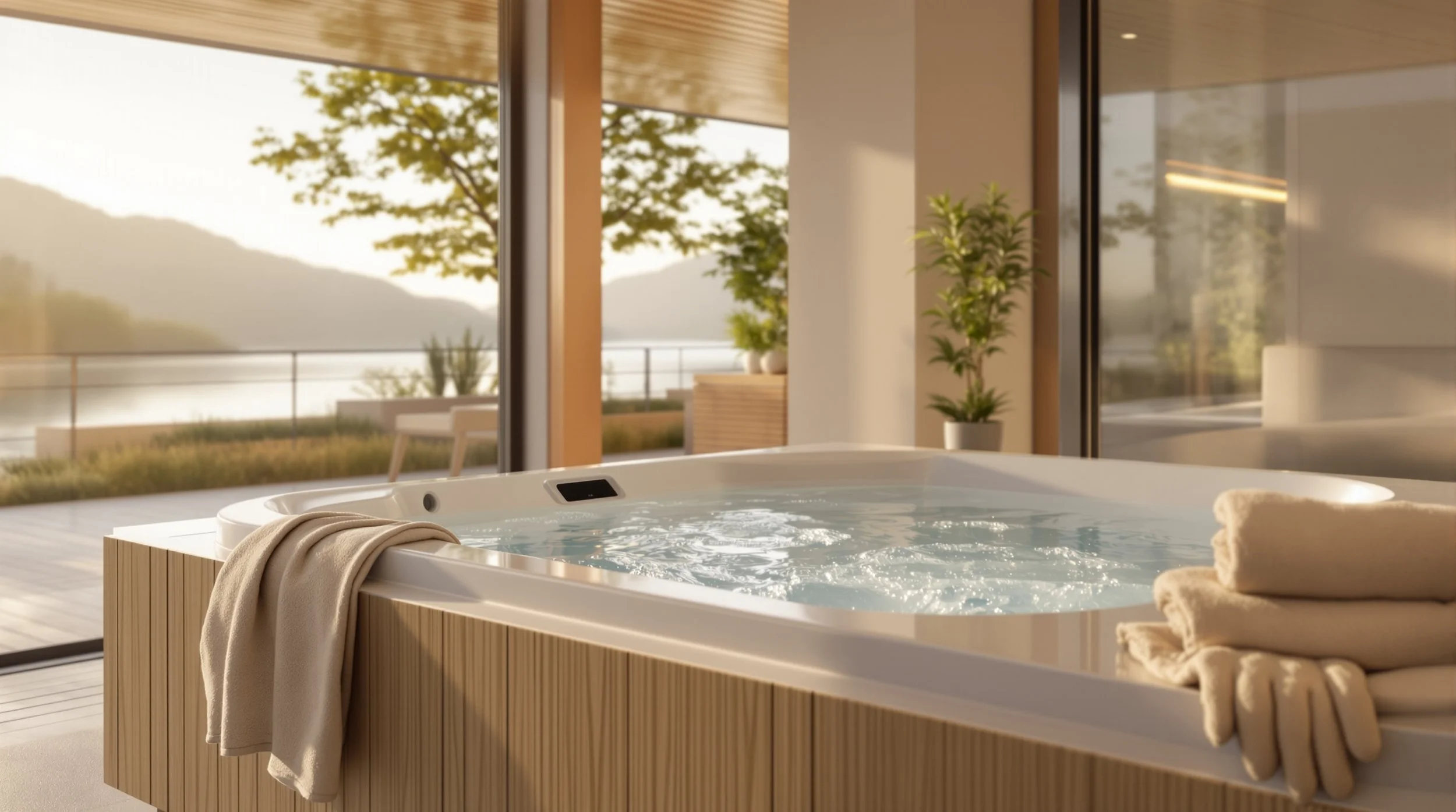 Indoor hot tub with beige towels on the edge, overlooking a scenic outdoor view of trees and water through large glass sliding doors.