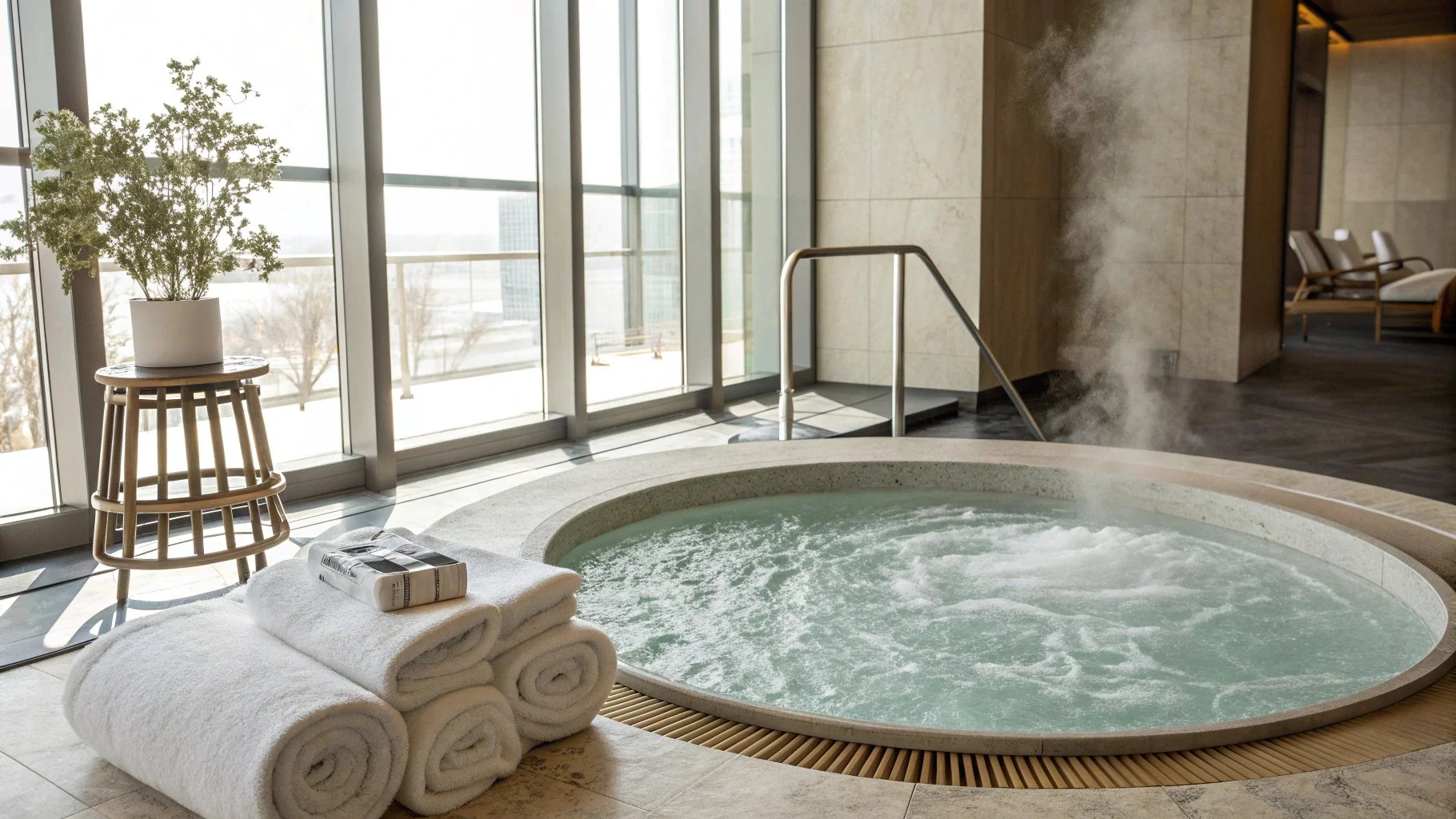 Indoor hot tub with bubbling water, steam rising, towels and toiletries nearby, large windows with city view, seating area in background.