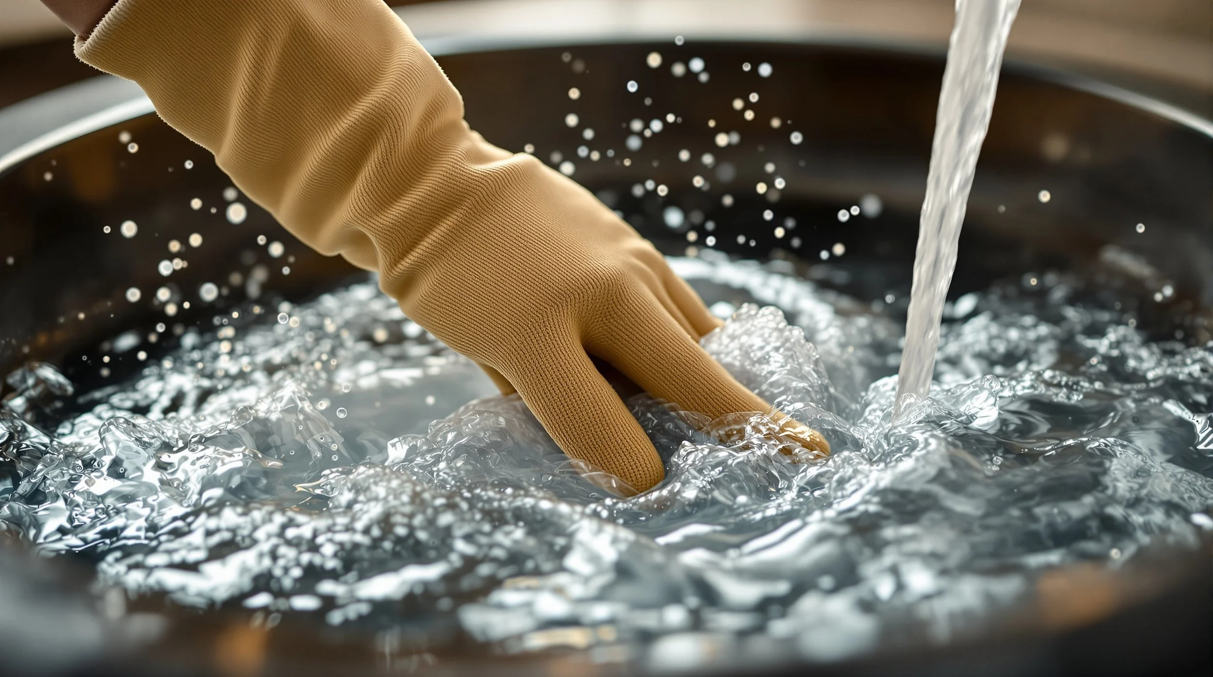 A person wearing a brown rubber glove washing or cleaning a metal surface with water.