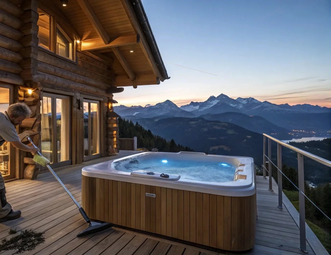 A person is cleaning a hot tub on a wooden deck outside a log cabin with large windows. The scene is set at dusk with mountain peaks in the background and a sky transitioning from sunset to night.