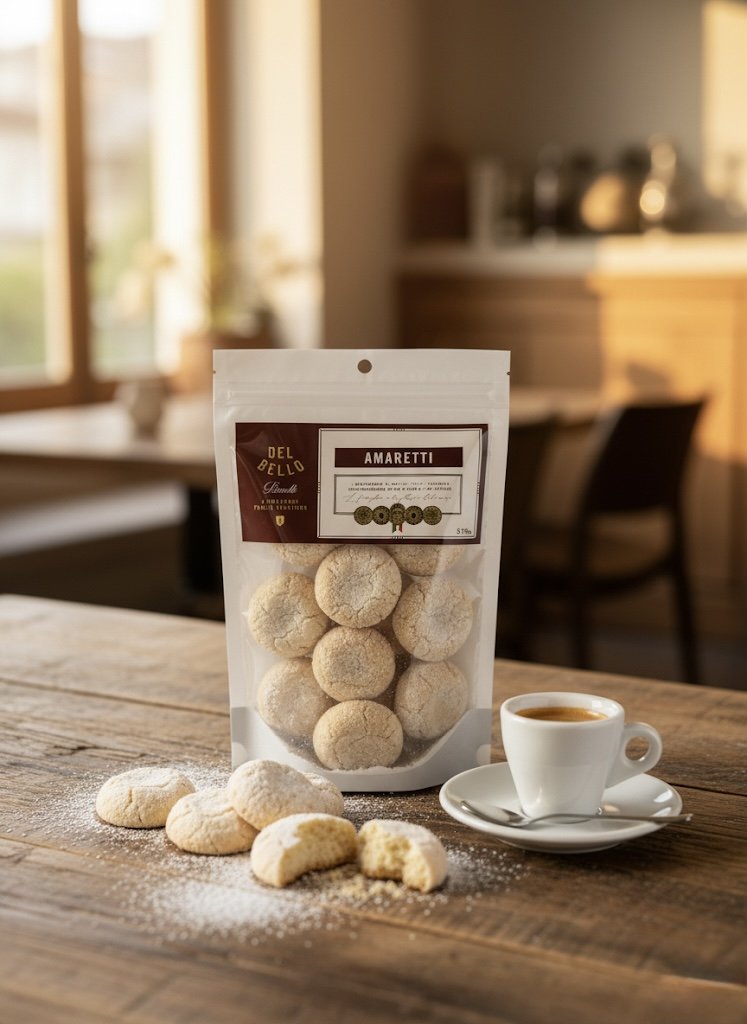 A package of amaretto cookies on a kitchen countertop next to a white cup of espresso. Several cookies are broken or whole, and some are dusted with powdered sugar.