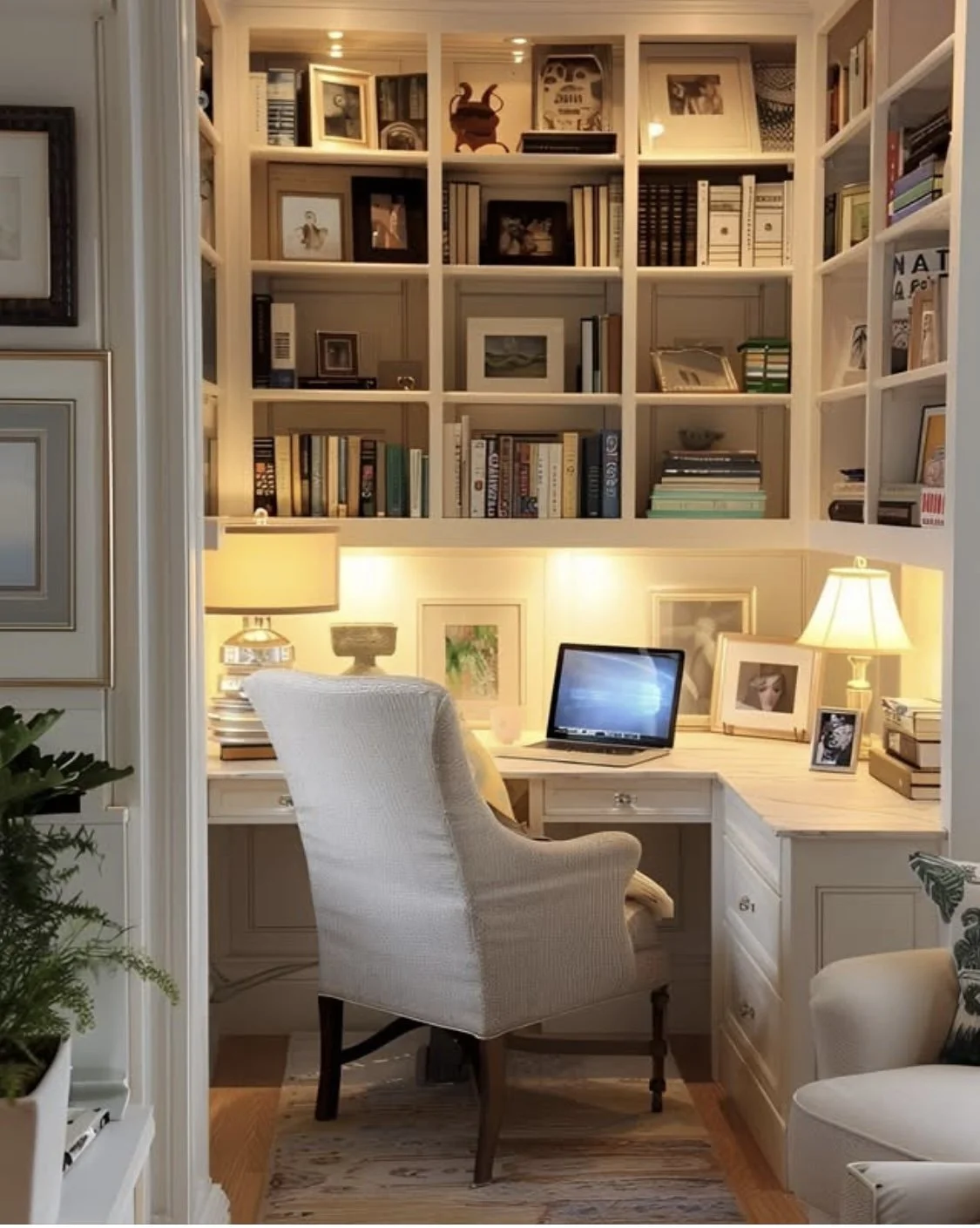 Cozy home office with built-in white desk, beige upholstered chair, bookshelves filled with books and framed photos, and table lamps providing warm lighting.