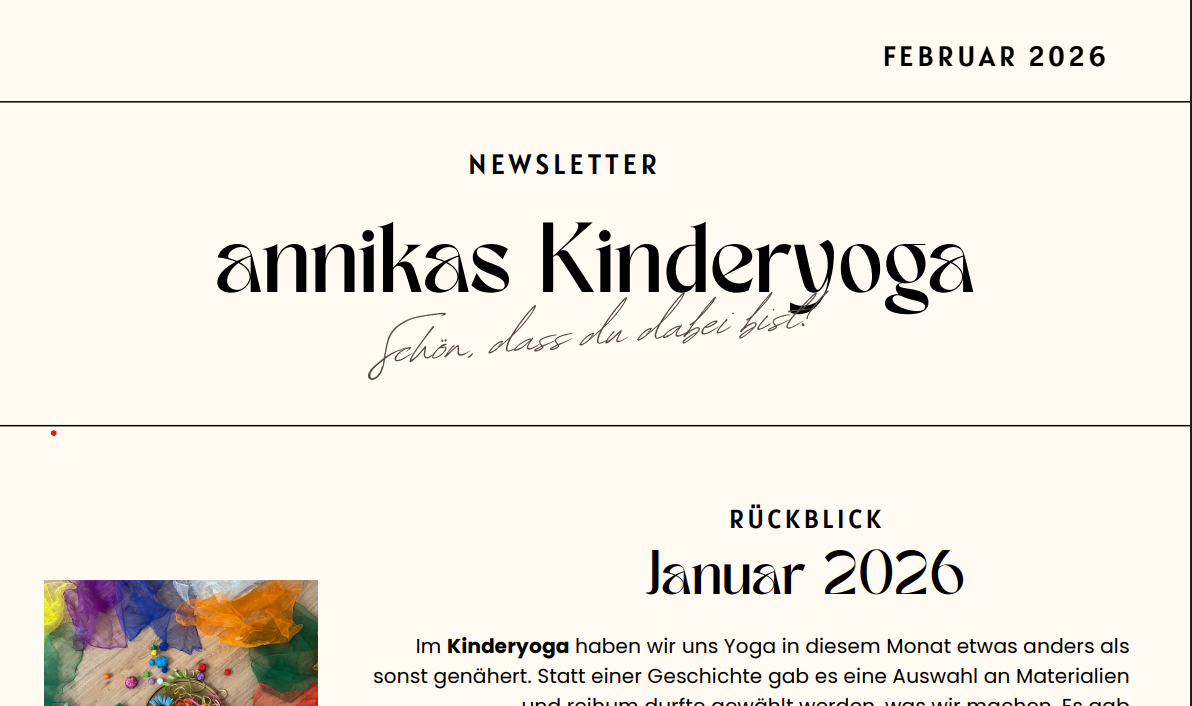 Screenshot eines Newsletters für Annikas Kinderyoga mit Datum Februar 2026 und Rückblick Januar 2026, inklusive einem bunten Bild mit Tüchern und Spielzeug.