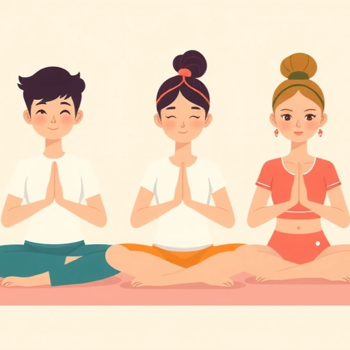 Drei Menschen sitzen im Lotussitz in aufrechte Haltung mit den Händen im Namaste-Gruß, in einer Yoga- oder Meditationssitzung.