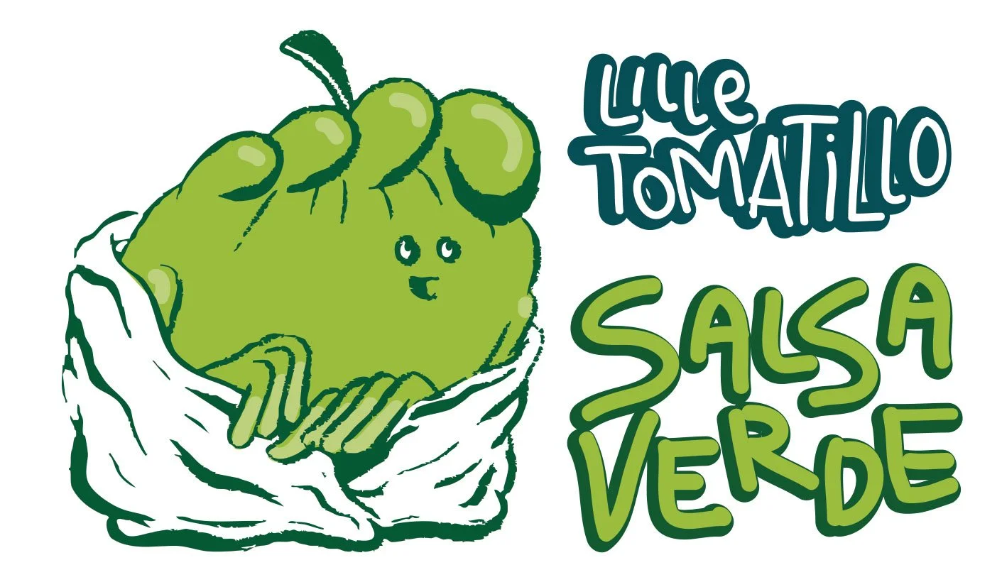 Illustration of a green tomatillo with a happy face, wrapped in a white cloth, accompanied by text that reads "Lila Tomatillo Salsa Verde" in blue and green lettering.