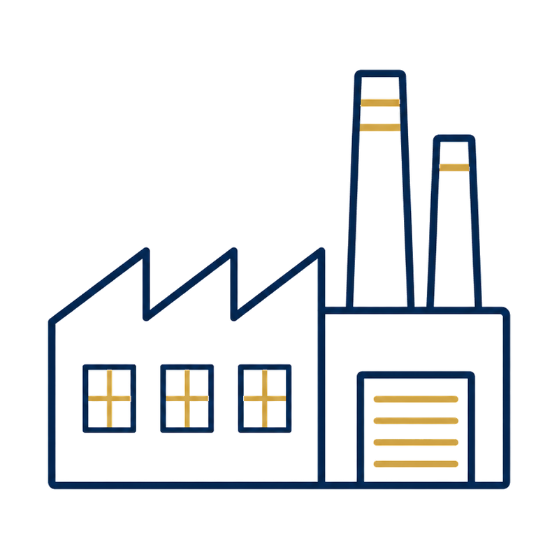 Illustration of a factory with three small houses on the left and two tall smokestacks on the right.