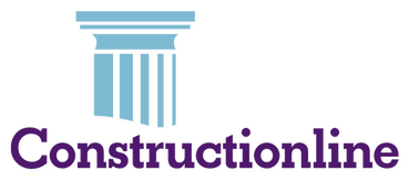 Logo for Constructionline, featuring a blue classical column and the company name in purple text.
