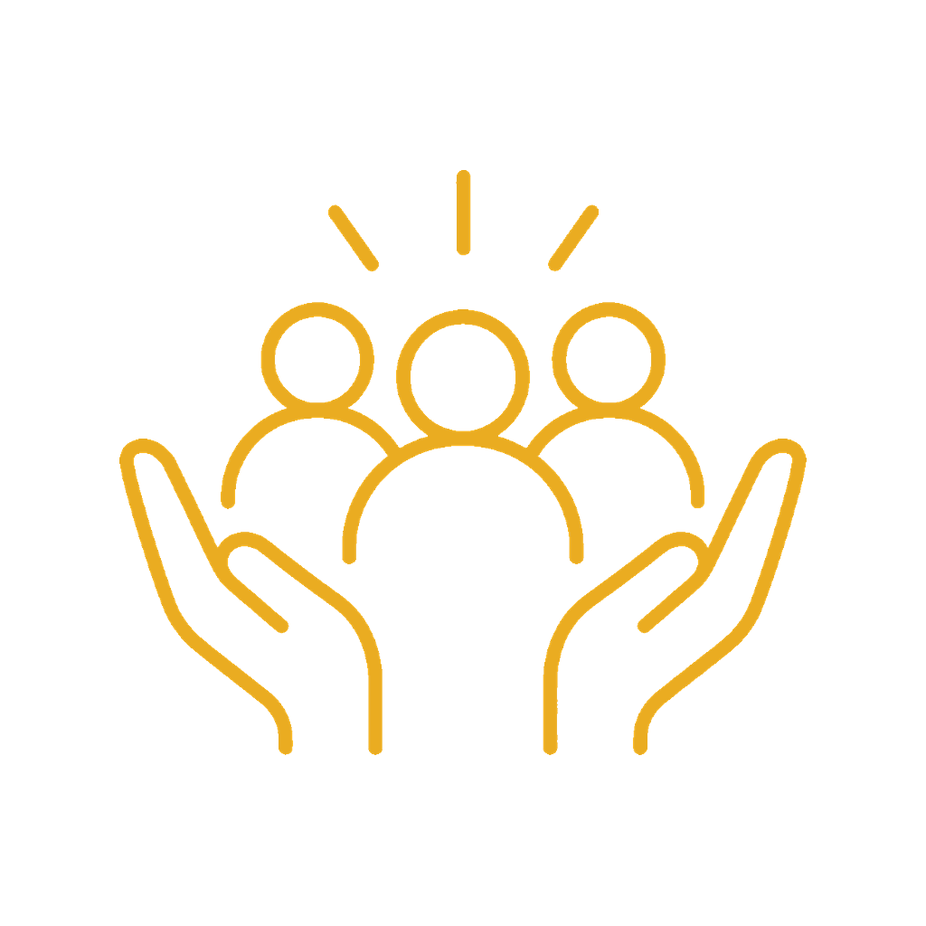 Minimalist line drawing of two hands holding three overlapping human figures, with rays emanating from the middle figure, symbolizing support or care.