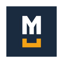 Logo with a white 'M' and a yellow shape below it on a dark blue background