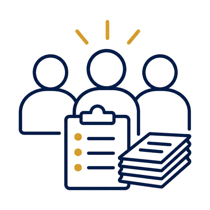 Icon of three people, a clipboard with a checklist, and a stack of papers, representing teamwork or project management.