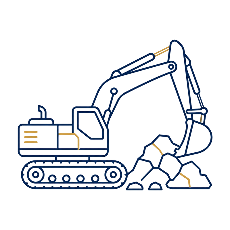 Stylized illustration of an excavator with a scoop, working on rocks.
