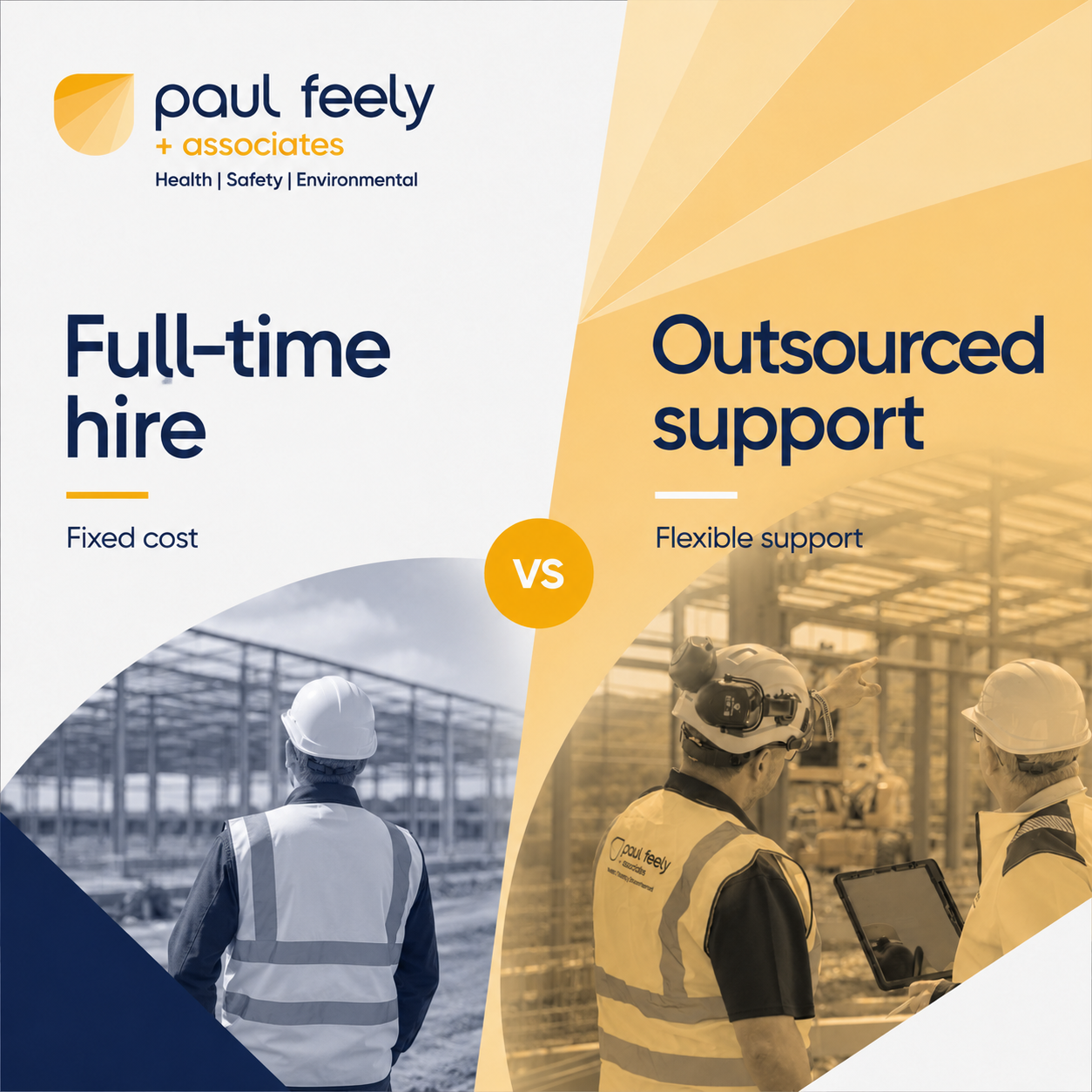 Comparison image showing full-time hire on the left with a construction worker in a safety vest and helmet looking at a building site; and outsourced support on the right with two workers discussing at a construction site, one with a tablet, under a yellow filter. The text highlights fixed cost versus flexible support.