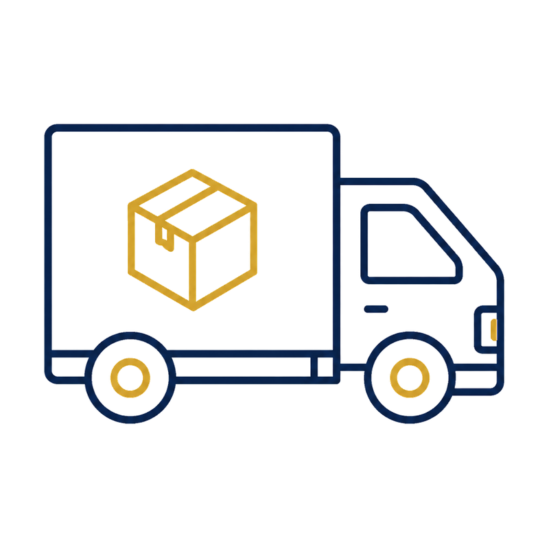Simplified illustration of a delivery truck with an image of a cardboard box on its side.