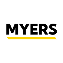 The word 'MYERS' in bold black letters with a yellow underline.