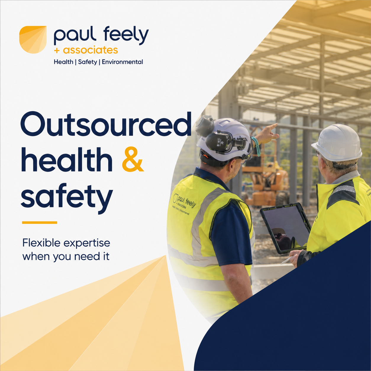 A promotional flyer for Paul Feely + associates featuring an image of two construction workers wearing safety helmets and vests, inspecting a construction site with steel framework in the background.