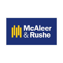 McAleer & Rushe logo with blue background and yellow vertical bars