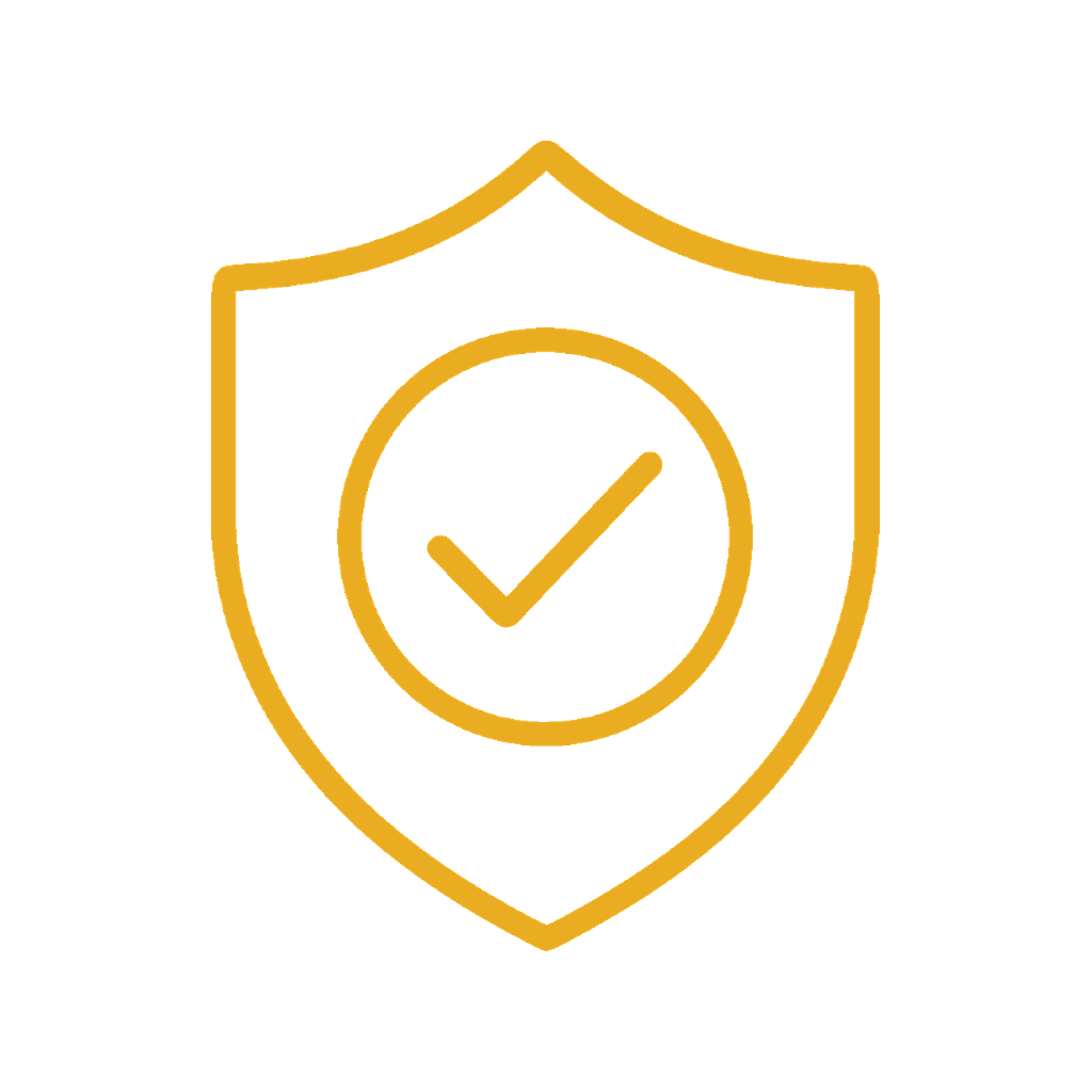 Gold shield icon with checkmark in the center representing security or protection.