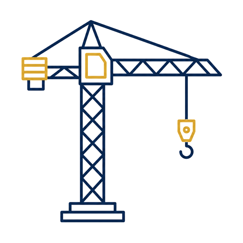 Illustration of a construction crane with a large hook hanging from it.