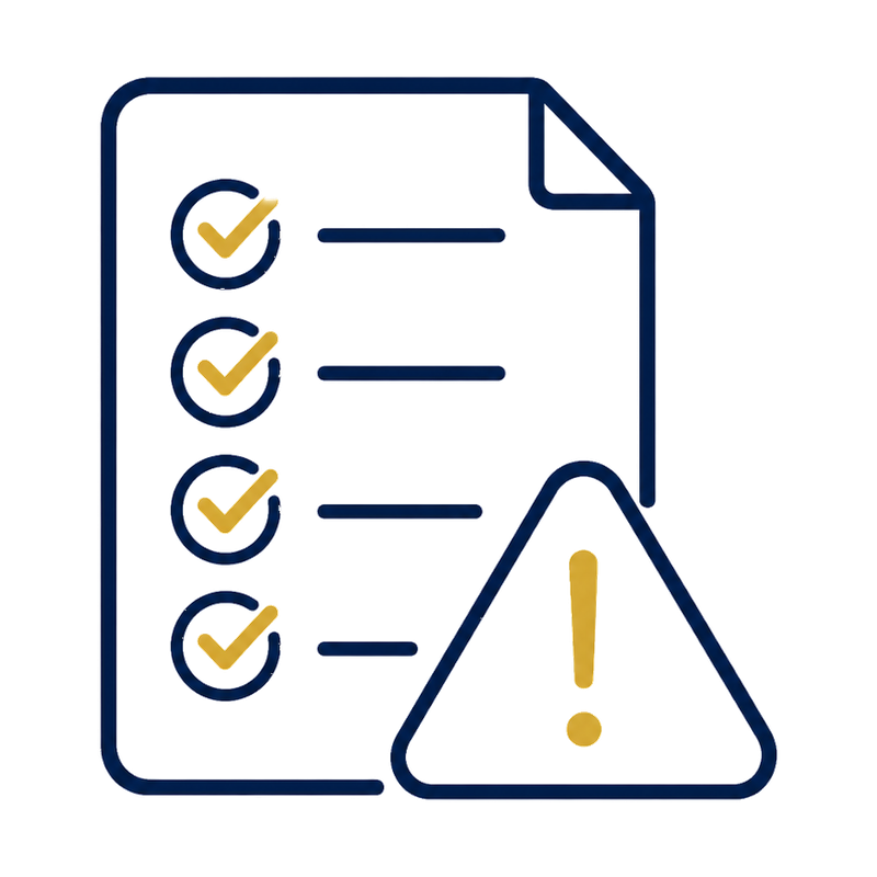 Icon of a checklist with four checked items and a warning sign with an exclamation mark.