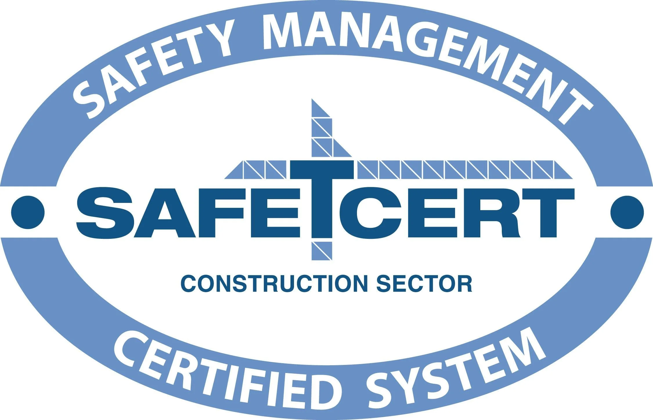 SAFETY MANAGEMENT SAFECT CERTIFIED SYSTEM logo with a grey and blue circular design and a construction crane icon in the center.