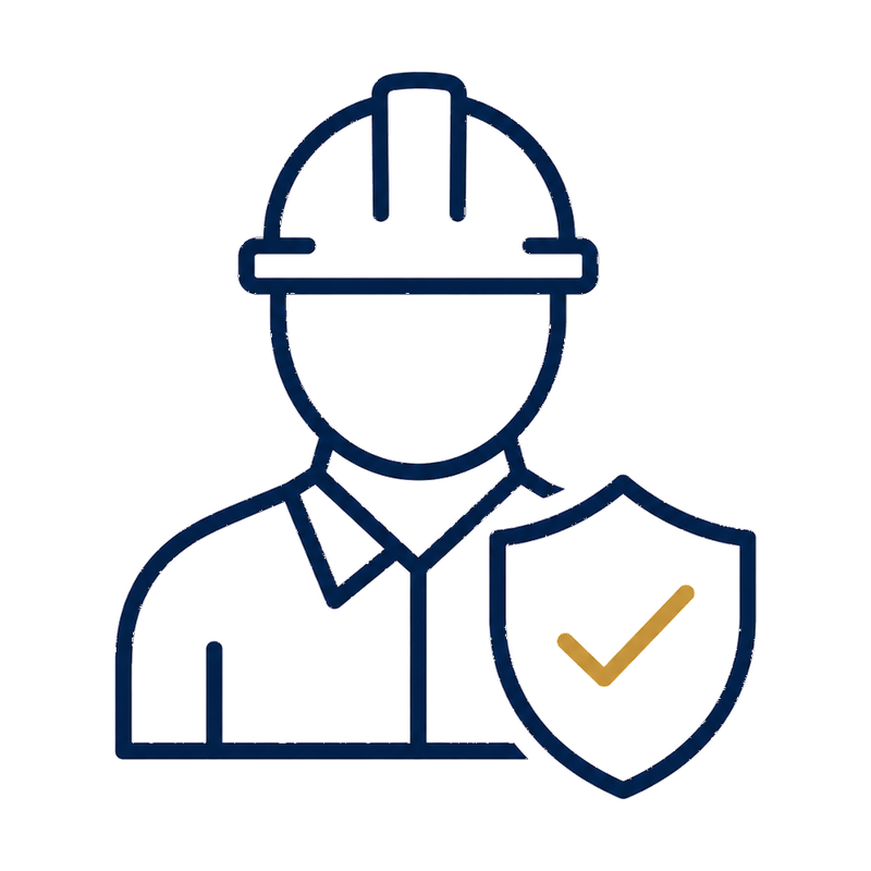 Icon of a construction worker wearing a safety helmet, holding a shield with a check mark, symbolizing safety or security.