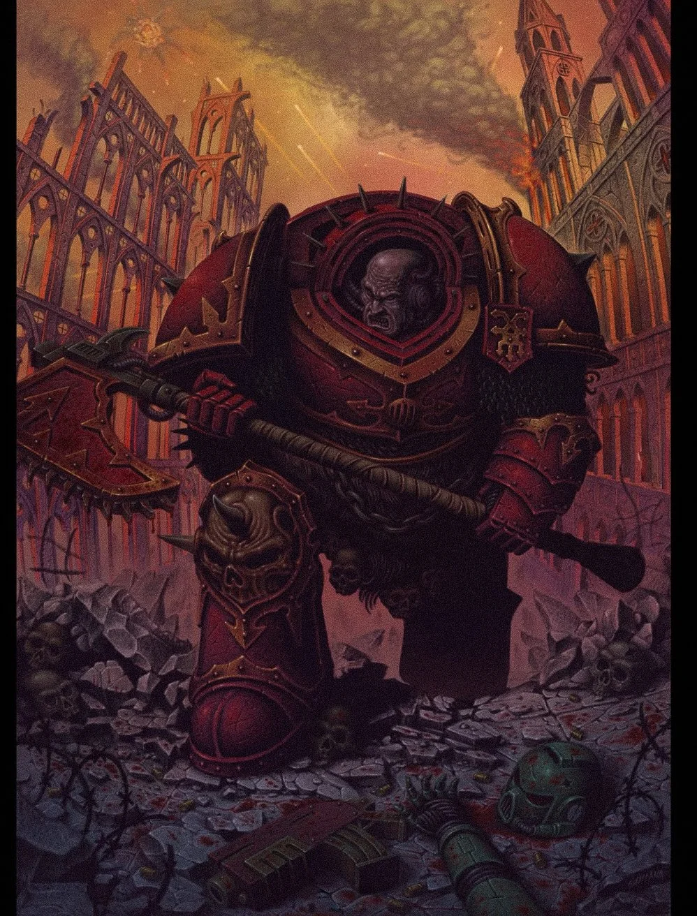 A dark fantasy scene featuring a large, armored, alien-like warrior wielding a double-headed axe. The warrior has a skull-like face and is standing amid ruins with scattered skulls and debris. The background shows burning buildings and a smoky, apoca