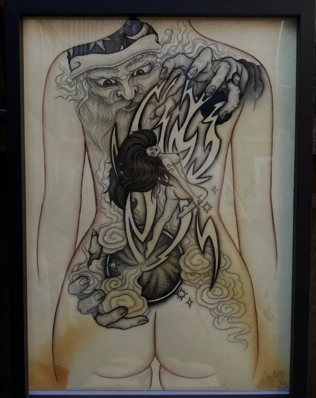 Tattoo art of an old man with a beard wearing a bandana, holding a woman with long hair against his chest, with flames, clouds, and stars surrounding them.