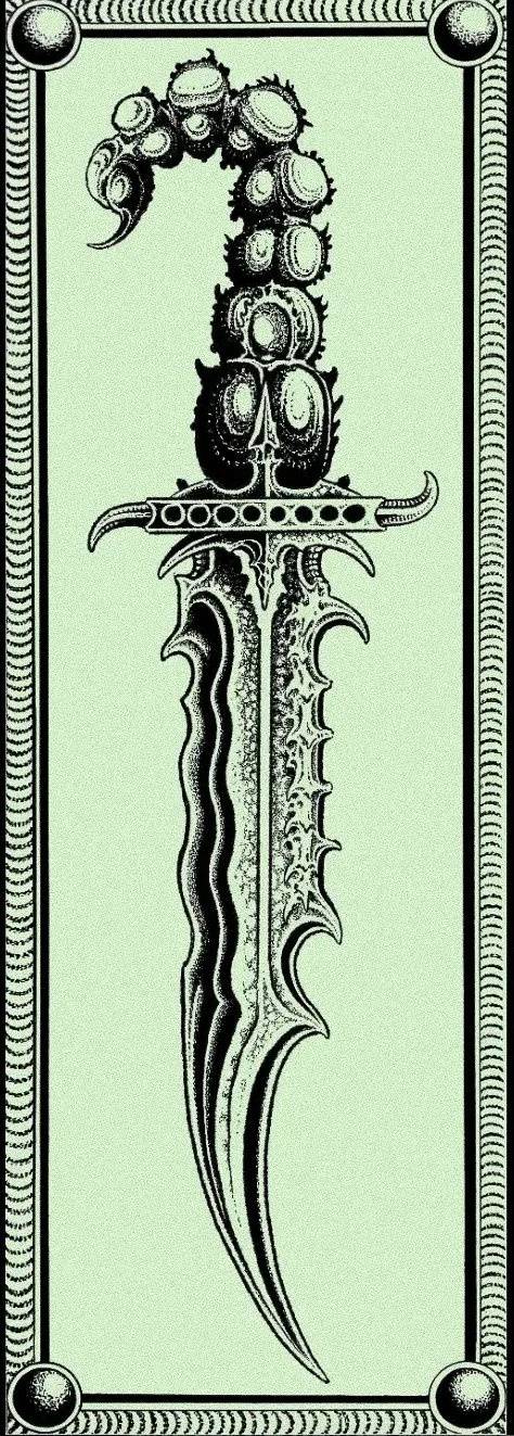 A detailed black and white illustration of a dagger with a handle made of numerous beetles, and a curved, jagged blade. The image is framed with a decorative border.