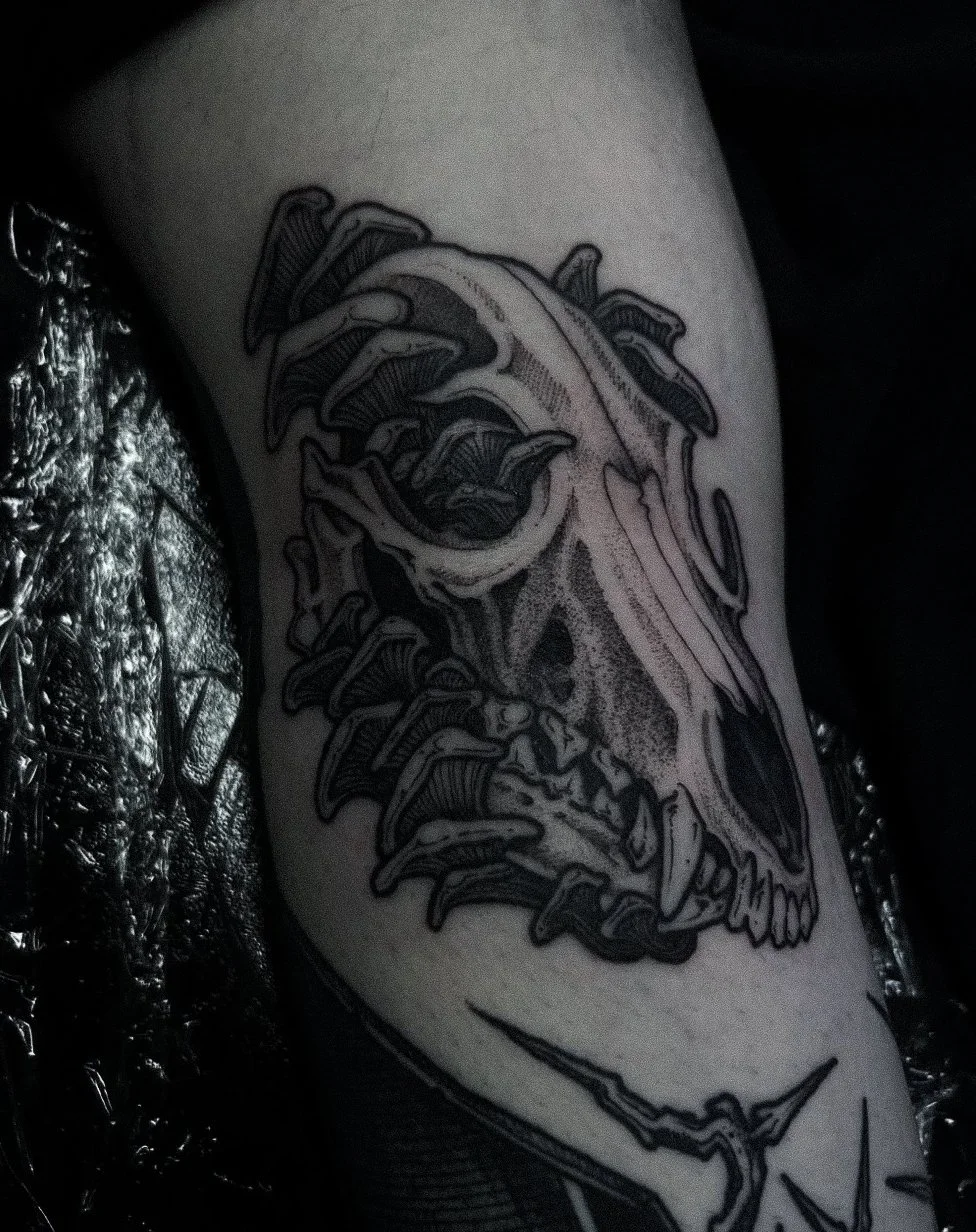 A black and white tattoo of an animal skull with mushrooms growing out of it.