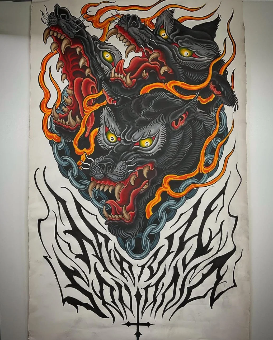 Tattoo artwork featuring a fierce multi-headed black tiger with yellow eyes and red mouths, engulfed in orange flames and chains, with black stylized text at the bottom.