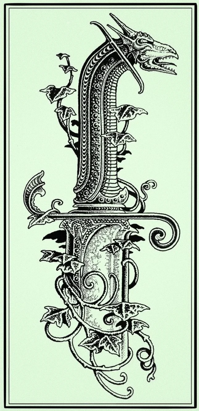 A black and white illustration of a dragon with an elongated, segmented body, surrounded by vine-like tendrils and leaves, set against a light green background.