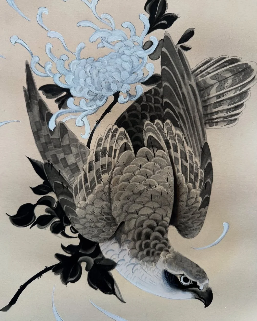 An illustration of a hawk with outstretched wings holding a white flower in its beak, against a neutral background.