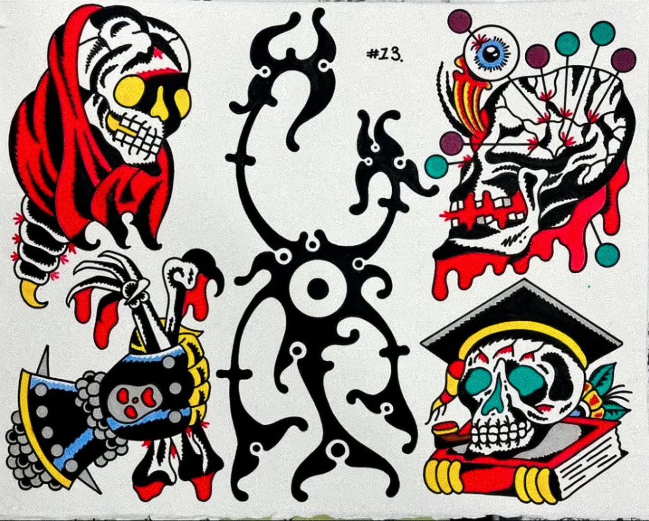 A collection of colorful tattoo-style skull images with various designs including a skeletal figure with a red hood, a skeleton with a book and arrow, a brain with needles, and a edge design in the center.