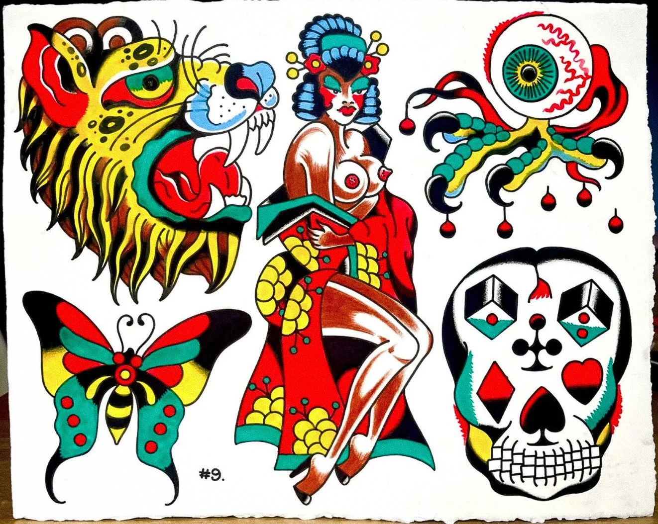 A collection of traditional tattoo-style artwork: a fierce yellow tiger with black stripes and red eyes, a snarling lion head, a woman with blue stylized hair holding a book, a surreal octopus with a large eye for a head and tentacles decorated with 