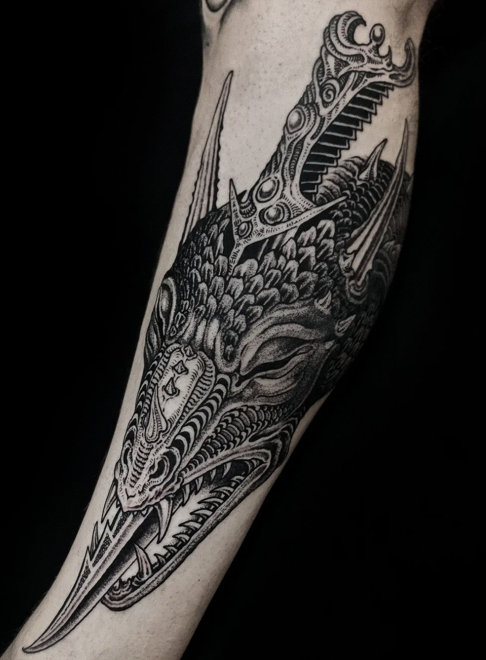Black and gray tattoo of a dragon with detailed scales and fierce expression on a person's arm.