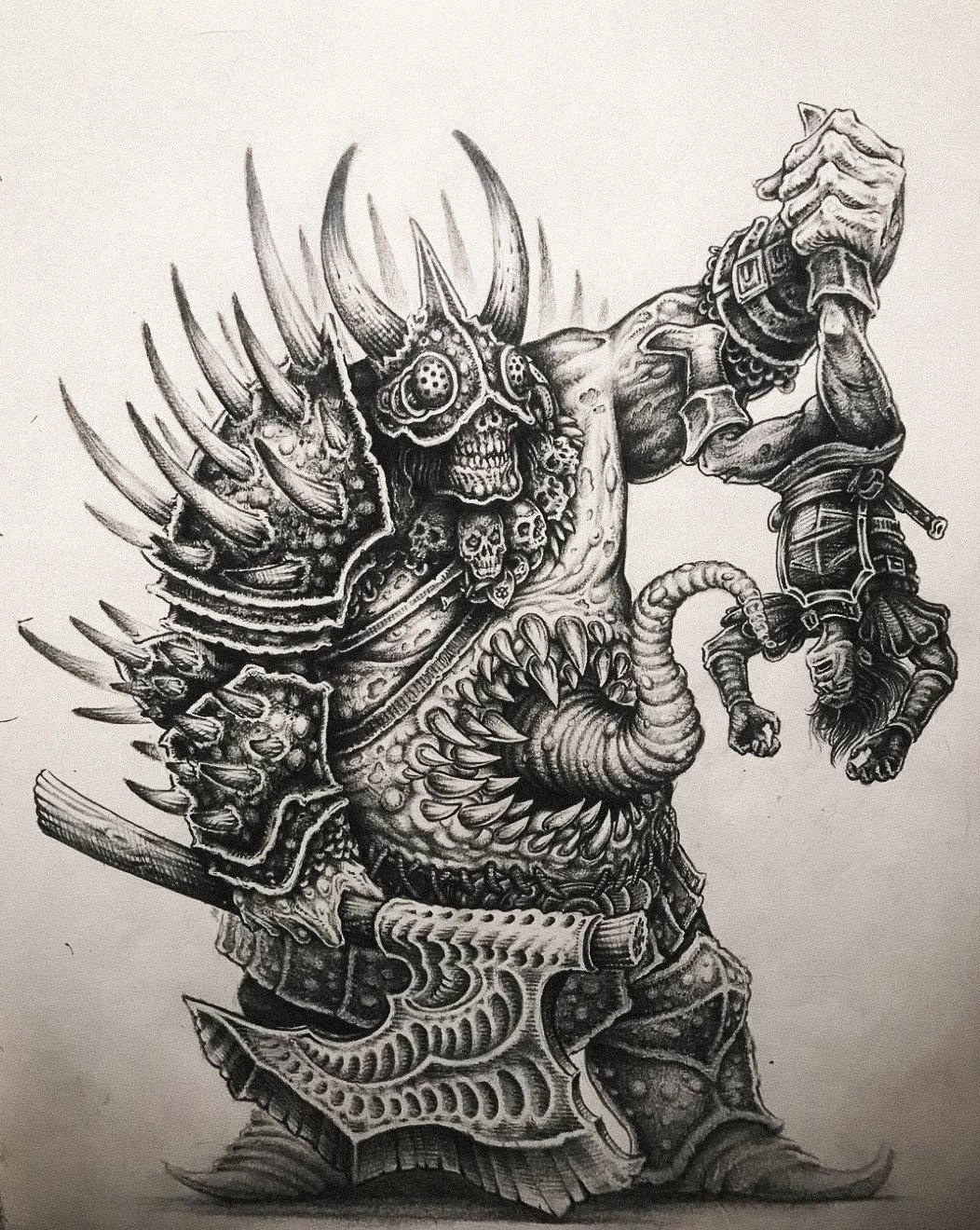 A detailed black and white drawing of a heavily armored, monstrous warrior with a horned helmet, skulls, and spikes, wielding a large axe.