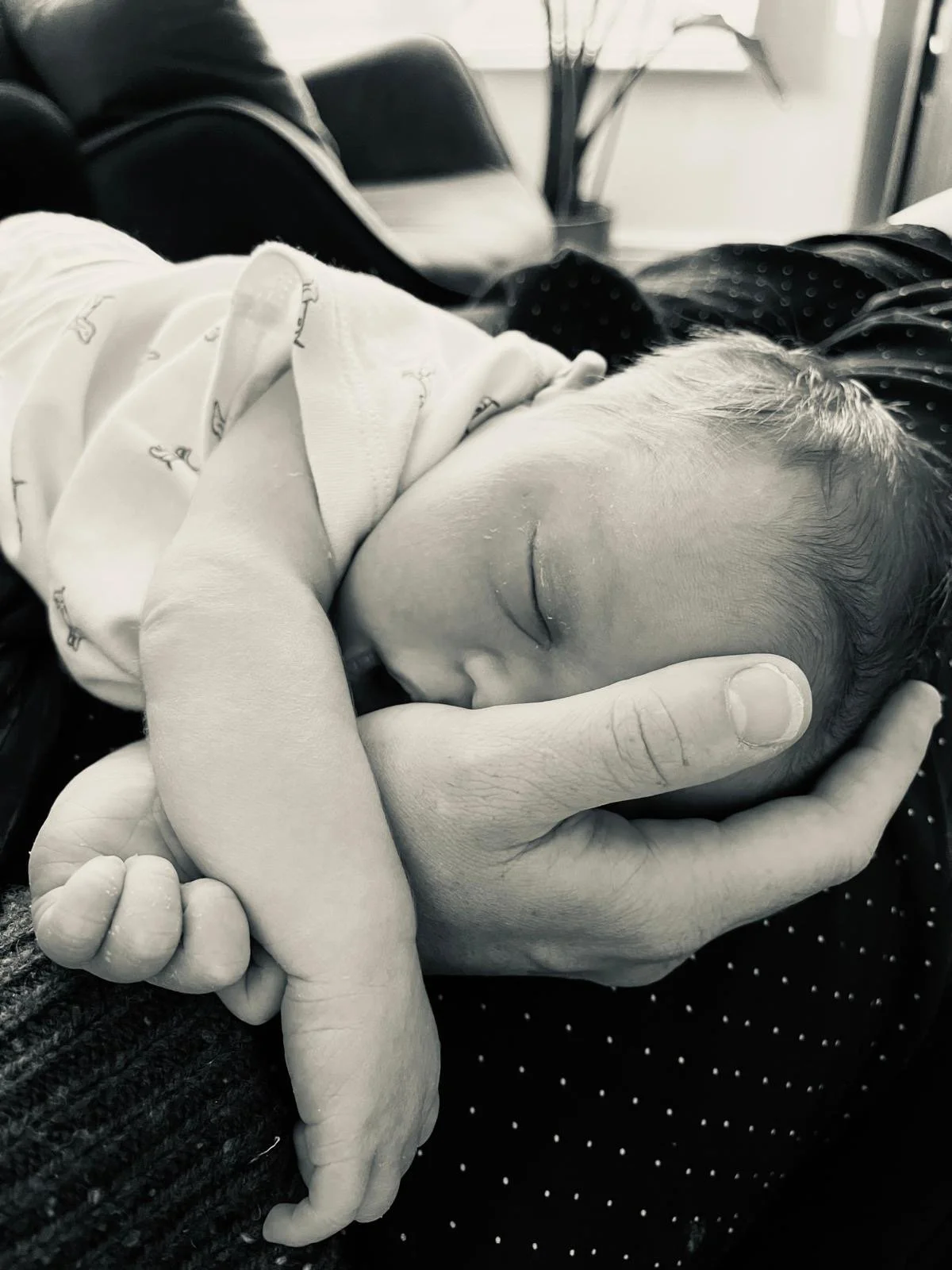 A newborn baby sleeping in a person's hand, in a black and white photo.