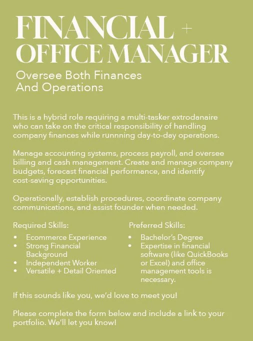 A recruitment advertisement for a Financial and Office Manager position. The ad details responsibilities, required and preferred skills, and encourages applicants to apply.