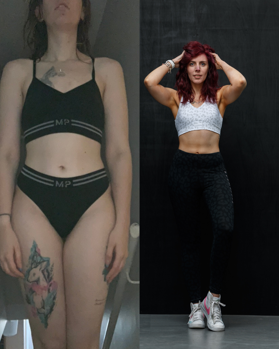 Side-by-side comparison of a woman before and after a fitness journey, showing increased muscle definition and confidence in athletic wear.