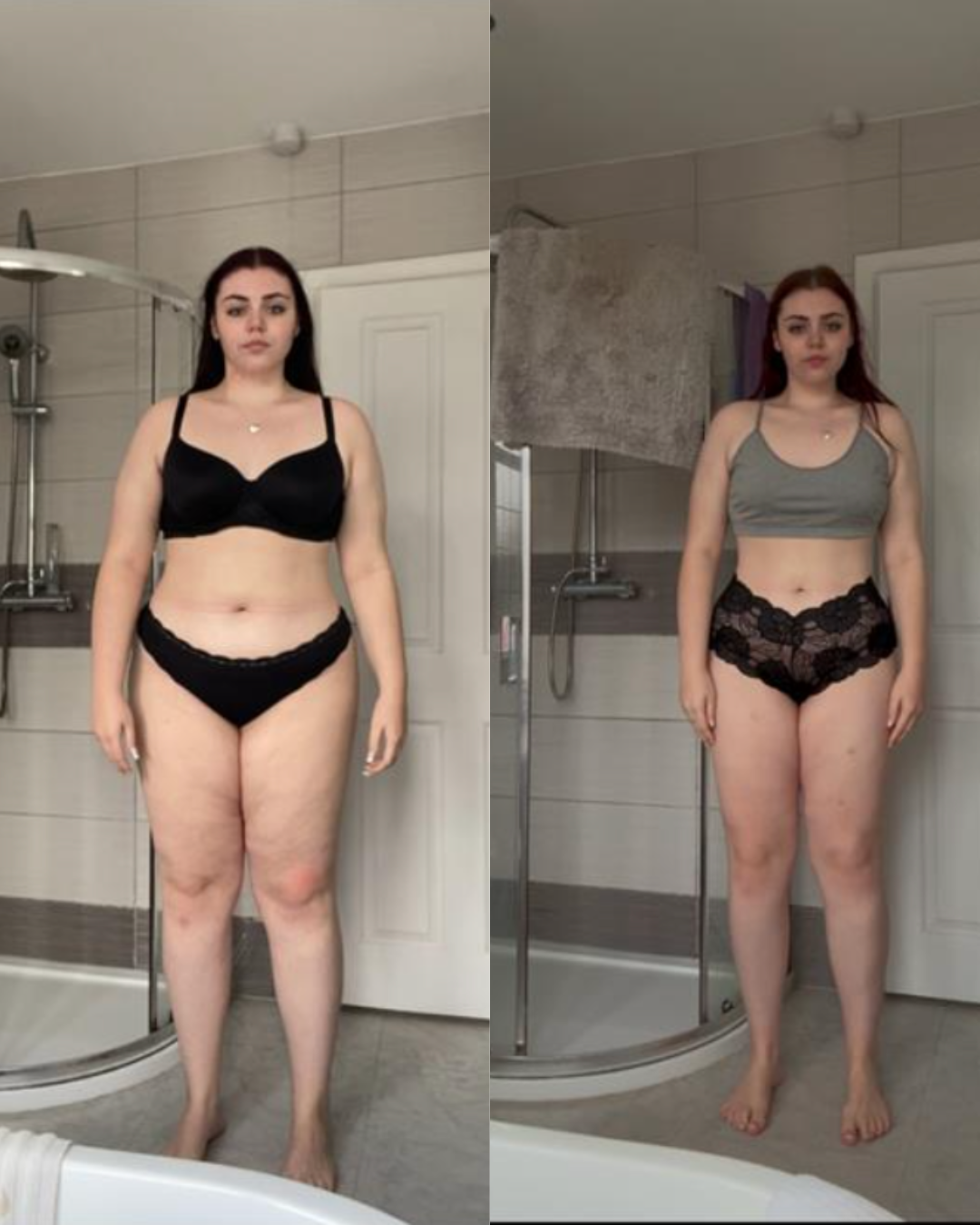 Side-by-side comparison of a woman before and after weight loss, standing in a bathroom with a shower behind her, wearing different sports bras and lace shorts.