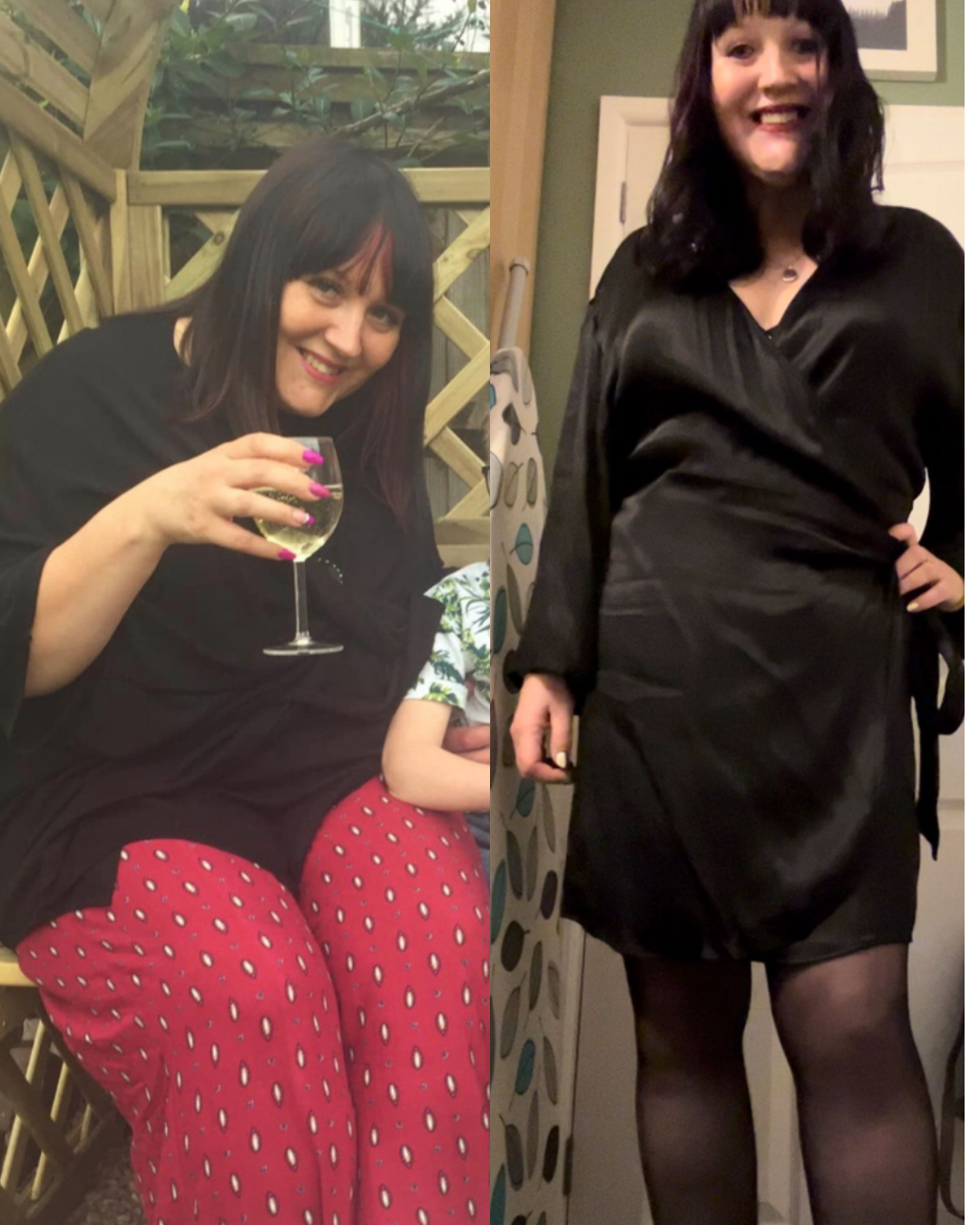Two women, one sitting and holding a glass of white wine, and the other standing with hand on hip, both dressed in black with dark hair.