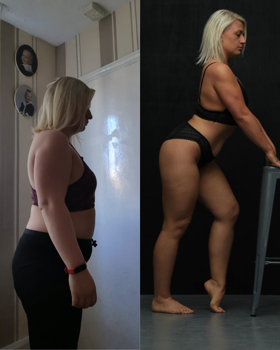 Comparison of a woman before and after fitness transformation, shown in side profile in similar pose wearing workout attire.