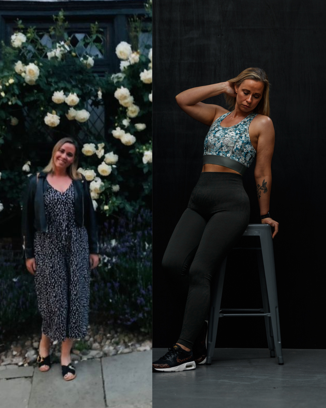Side-by-side photos of a woman. The left photo shows her outdoors in front of a large white rose bush, wearing a black and white polka dot dress and black sandals, smiling. The right photo shows her indoors against a dark background, wearing a floral sports bra and black leggings, sitting on a gray stool, with her right hand behind her head and a serious expression.