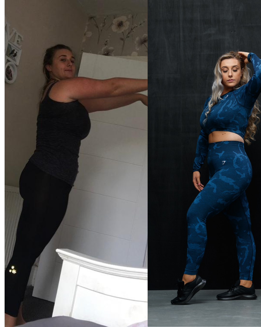 Side-by-side comparison of a woman before and after weight loss, wearing workout clothes in each photo.