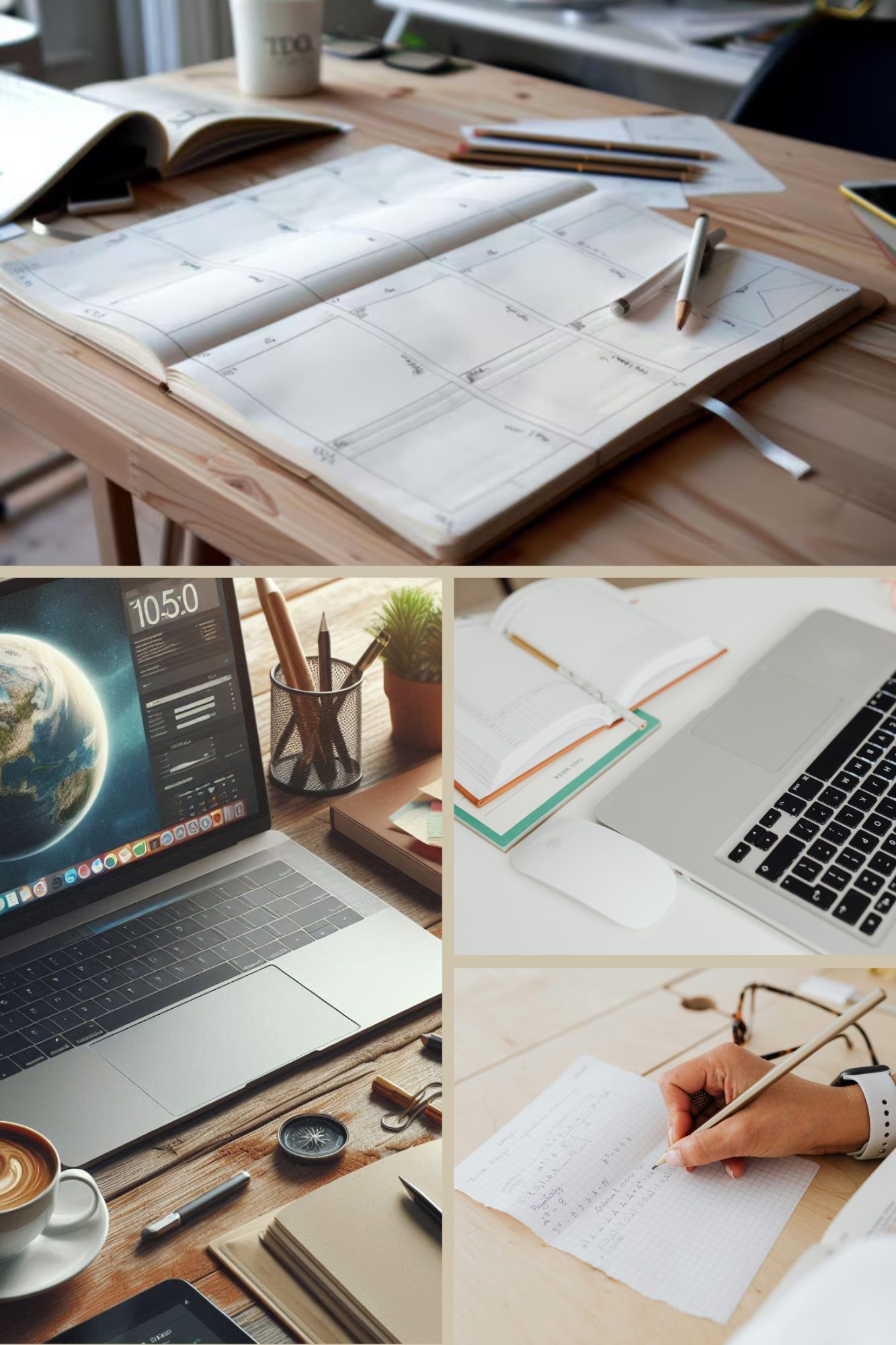 Collage of images top image open diary on a wooden table, Left a laptop open with stationary on a wooden desk. Right centre a desk with various note pads open and a computer keyboard. left bottom a hand holding a pen writing notes on white paper