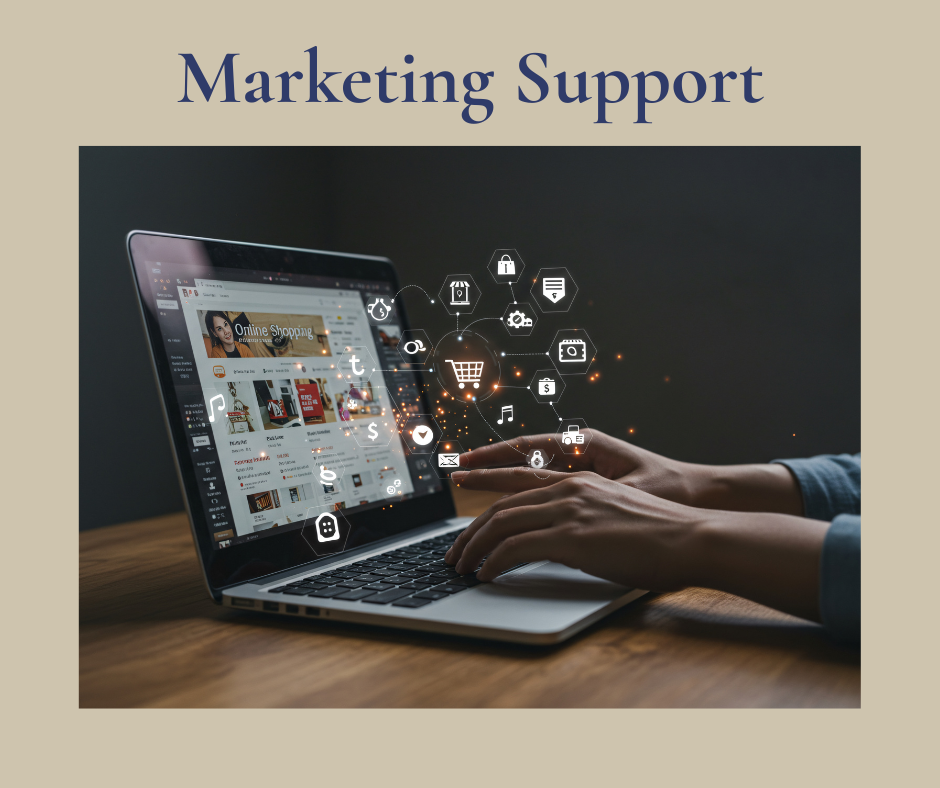 Laptop with social media and web app logos coming out of the screen whilst hands are typing