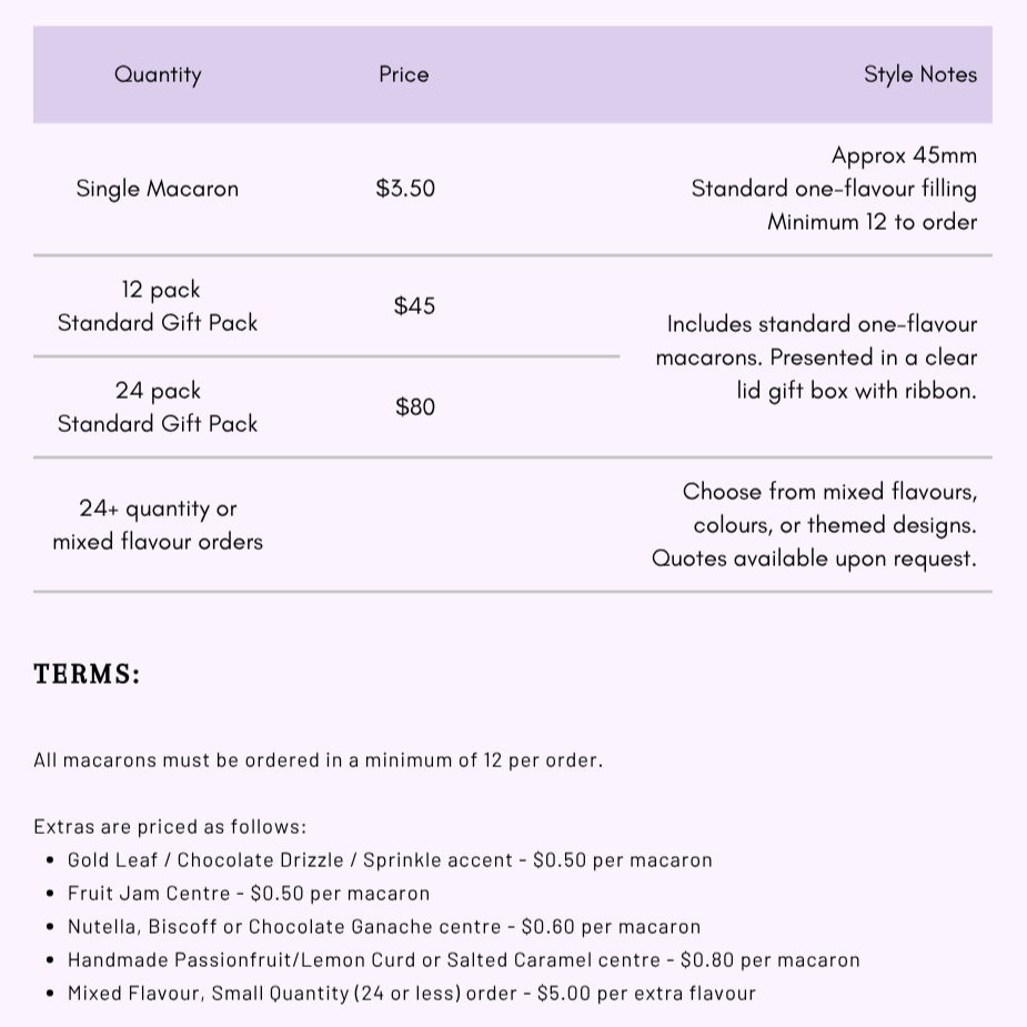 Price list for macarons with quantities, prices, and style notes, including single, 12-pack, and 24-pack options, plus terms for ordering and extras.