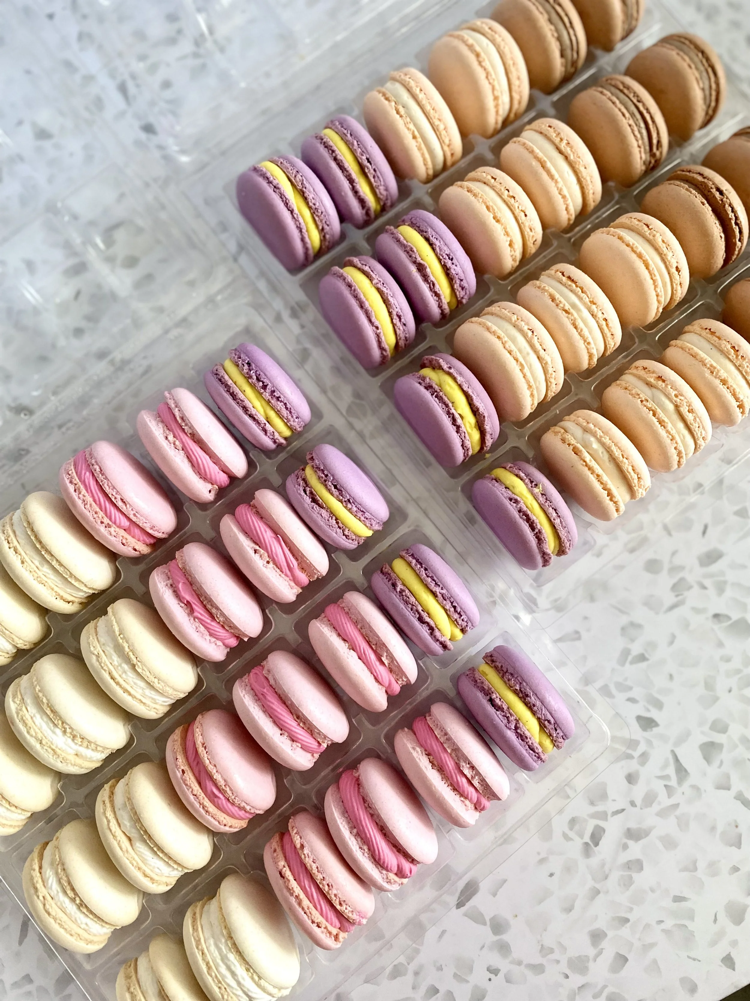 A clear plastic tray with rows of colorful macarons in shades of purple, pink, cream, and beige.